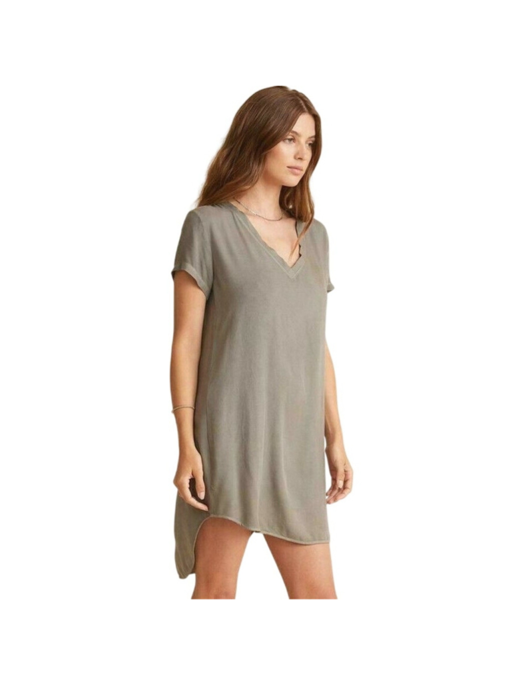 CLOTH & STONE S V-NECK SHORT SLEEVE HI-LOW HEM DRESS IN SOFT ARMY MINIMALIST